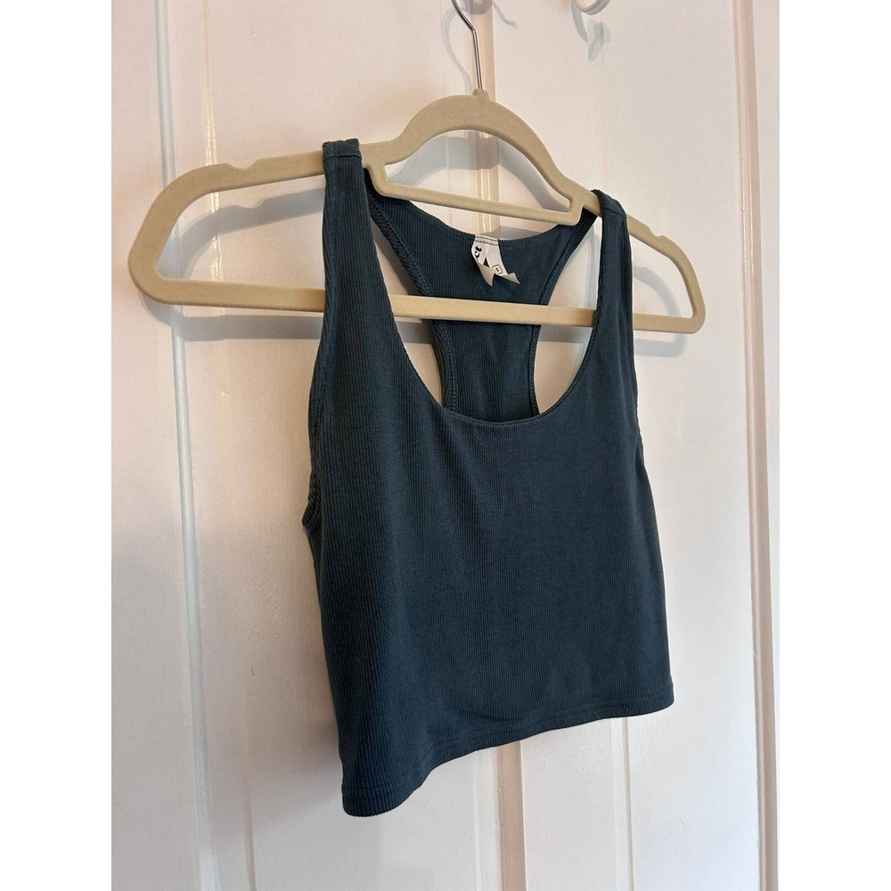 Pact Ribbed Racerback Crop Tank Top Teal Blue Organic Cotton Small - Picture 2 of 5